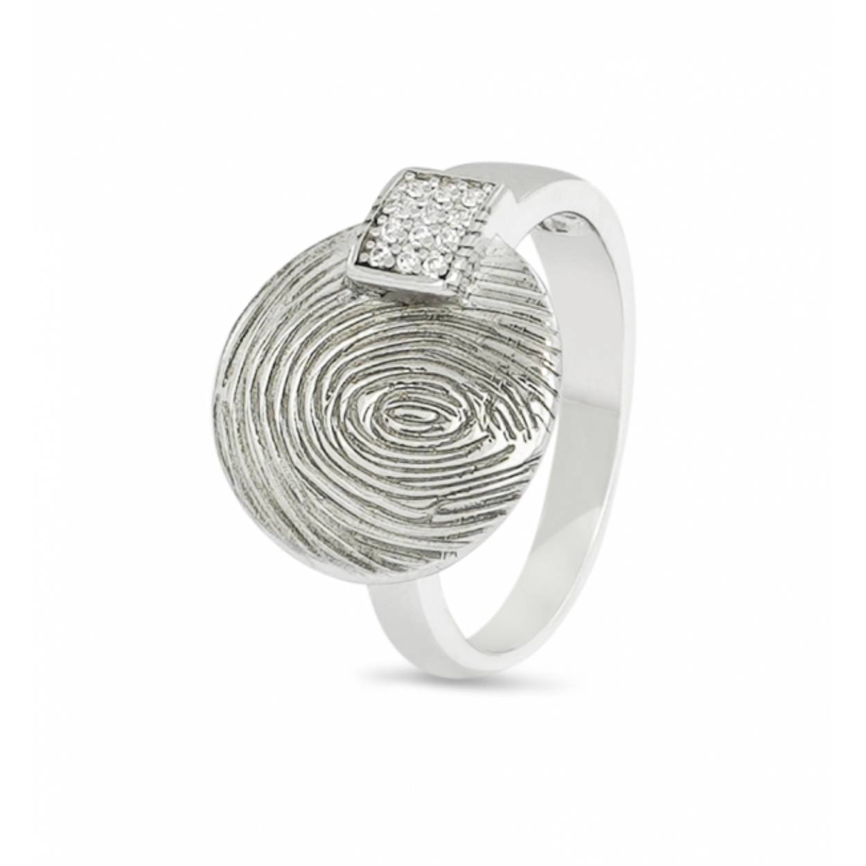Ring met vingerafdruk en zirkonia. De vingerafdruk wordt op het sieraad gelaserd. Dit is zowel mogelijk met een vingerafdruk die aangeleverd is als vingerafdruk op inkt en als wasafdruk. Uitgebreide informatie omtrent vingerafdrukken vindt u op onze website onder “werkwijze”.