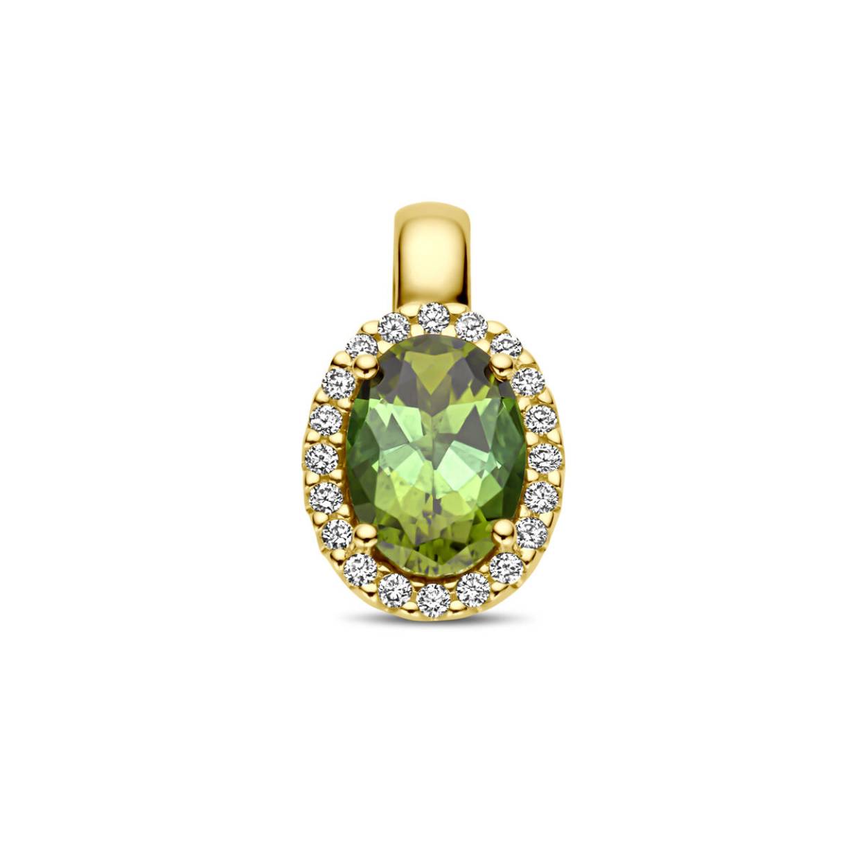 14k Geelgouden hanger uitgevoerd met groen toermalijn en diamant. De hanger heeft een afmeting van 13x7.5mm.