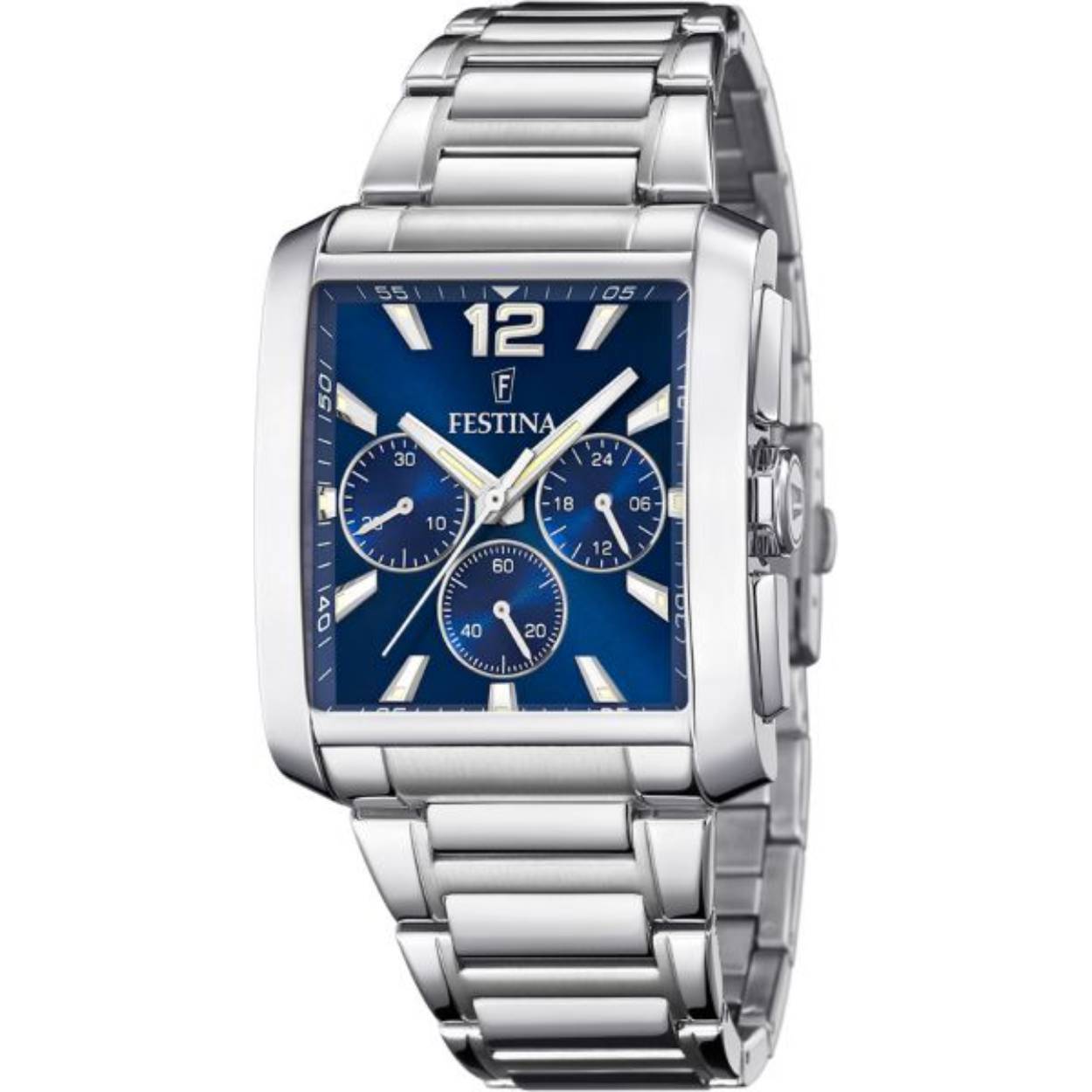 Festina horloge met stalen schakelband 
Het uurwerk heeft een rechthoekige kast met blauwe wijzerplaat
5 ATM waterdicht