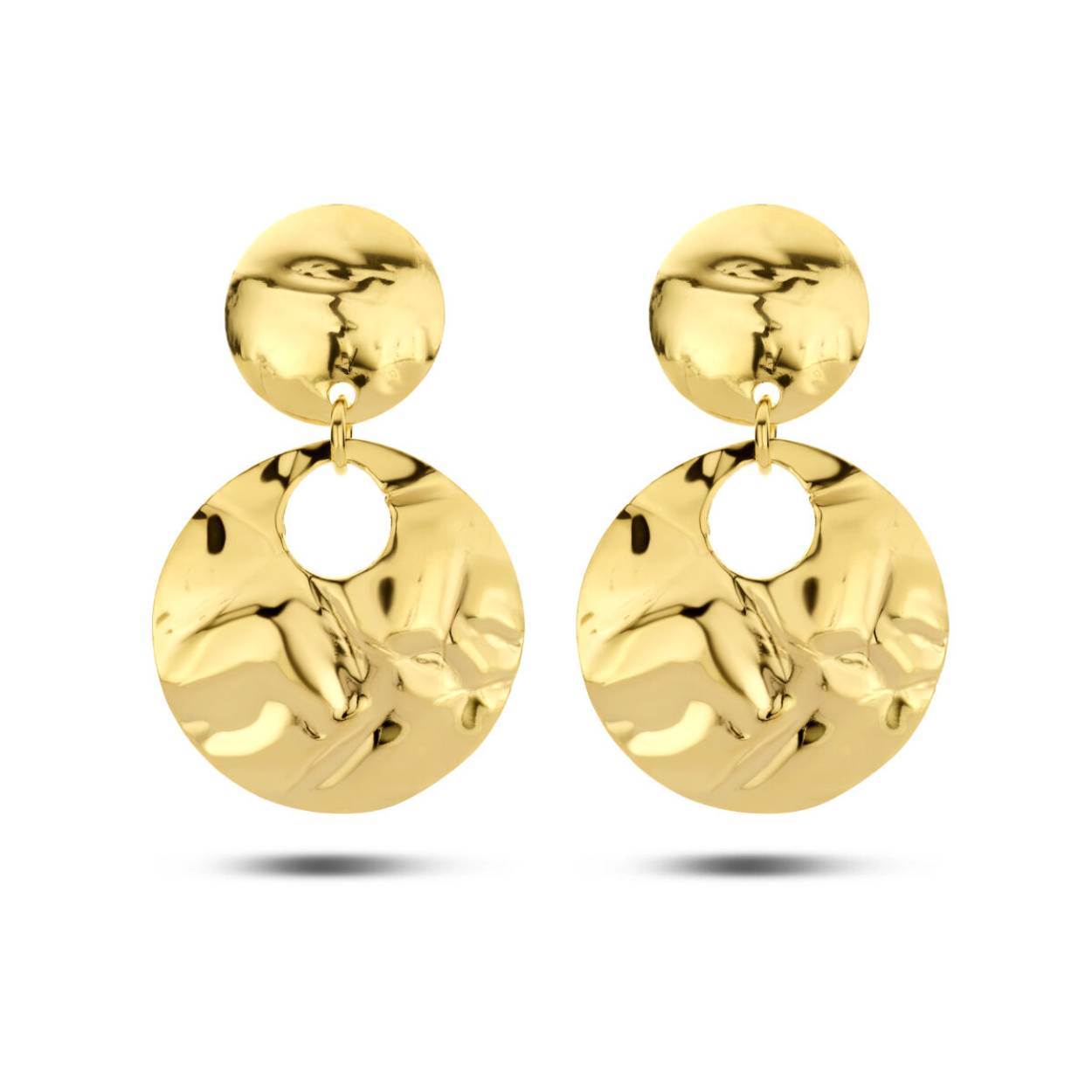 Geelgoud op 925 zilveren ronde oorhangers. De oorhangers hebben een totale hoogte van 3.4cm en een breedte van 20mm. Geen garantie op de plating.