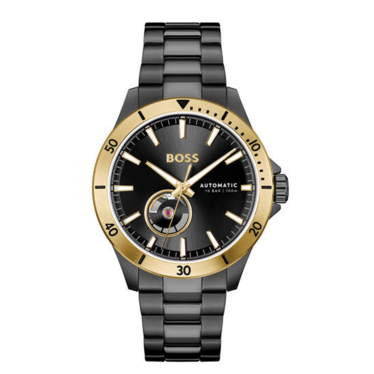 BOSS HB1514203 TROPER AUTOMATIC Herenhorloge 42mm 
Dit BOSS horloge uit de TROPER AUTOMATIC serie met artikelnr: HB1514203 heeft een luxe sportieve uitstraling. Zeer geschikt voor de moderne stijlvolle man van nu. Het herenhorloge valt op door zijn zwarte stalen kast met een goudkleurige bezel met tachymeter en een zwarte sunray wijzerplaat met een open uitsparing waarin je het uurwerk ziet bewegen evenals de onderkant van het horloge. Opvallend zijn de wijzers die met lumibrite zijn ingelegd. Aan de kast zit een zwarte stalen mat glanzende schakelband met vouwsluiting. Het horloge heeft een doorsnee van 42mm met een mineraalglas en is 10ATM. 

HET MERK:
HUGO BOSS is afgestemd op levensstijlen waar het gaat om kwaliteit en precisie. Het wereldwijde fashionlabel is verdeeld in twee merken: BOSS en HUGO. Het merk BOSS biedt geavanceerde, moderne horloges gericht op kwaliteit en design om een onberispelijke look te creëren – of het nu zakelijk, casual of sportief is. De horloge collectie van BOSS is perfect afgestemd op levensstijlen waar het gaat om kwaliteit en precisie. BOSS is op maat gemaakt in een onberispelijke stijl.

Blijf stijlvol bij de tijd. Voor de BOSS-vrouw is stijl het handelsmerk en draait alles om
details. Breng uw look naar een hoger niveau met onze nieuwe en kenmerkende horlogecollectie.

SPECIFICATIES:
- Mineraalglas
- Ronde kastvorm, Ø 42mm
- Stalen zwarte horlogekast
- Zwarte wijzerplaat
- Stalen zwarte schakelband
- 10ATM