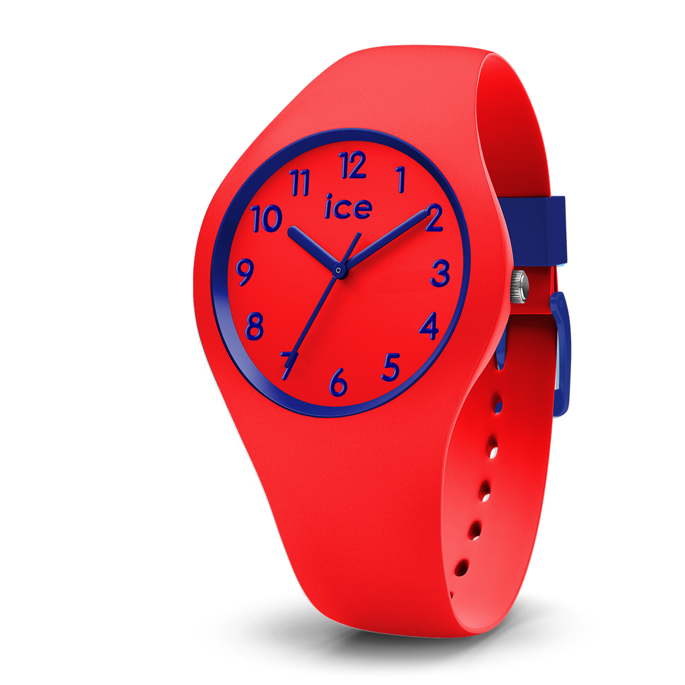 Dit kleine, felrode horloge van soepel silicone met marineblauwe details geeft elke outfit van je kind een speelse en kleurrijke toets. De ICE ola kids Circus, een explosie van kleuren!