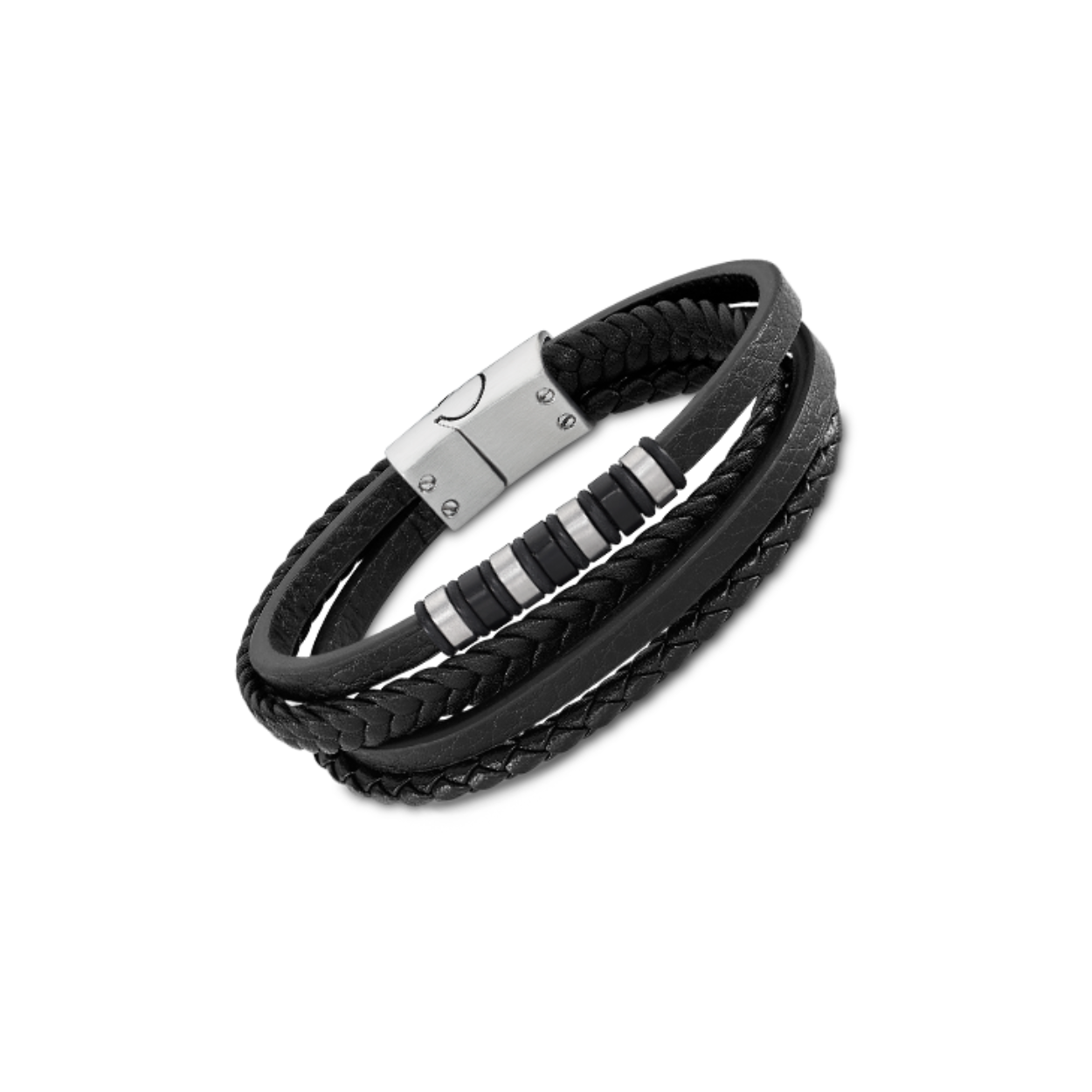 Lederen herenarmband met verschillende lederen banden en en stalen/rubberen details - Stalen, magnetische sluiting - Lengte: 22 cm