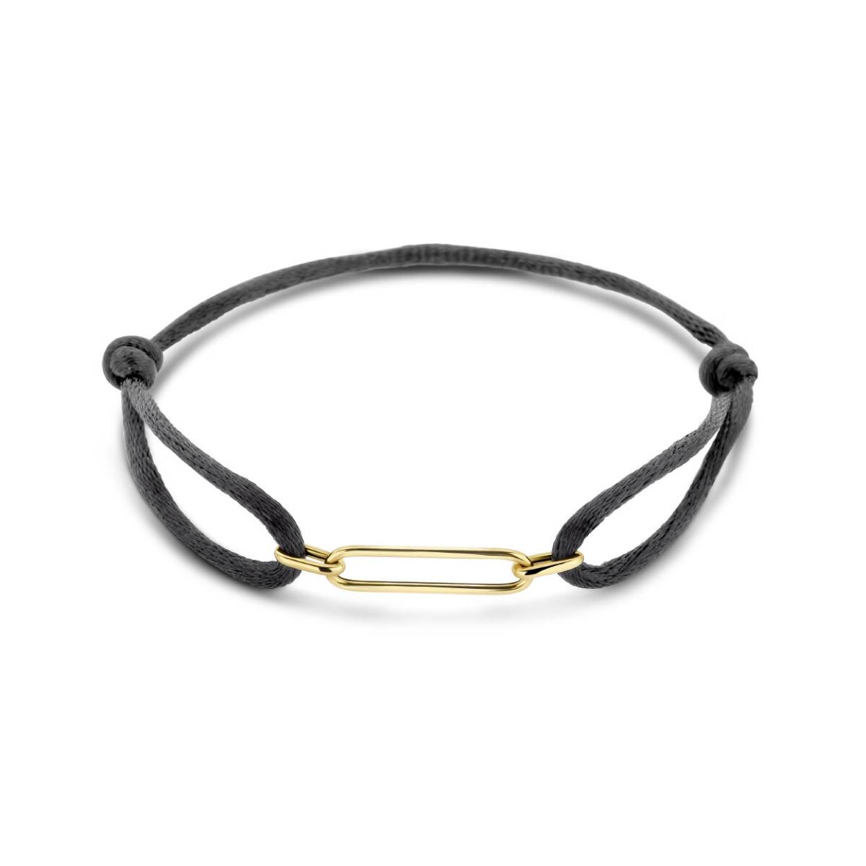 Zwart gevlochten armband uitgevoerd met een 14k geelgouden element. De armband heeft draaglengtes van 13 tot 26cm.