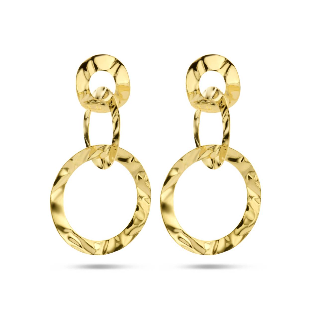 Geelgoud op 925 zilveren ronde oorhangers. De oorhangers hebben een totale hoogte van 4.8cm en een breedte van 27mm. Geen garantie op de plating.
