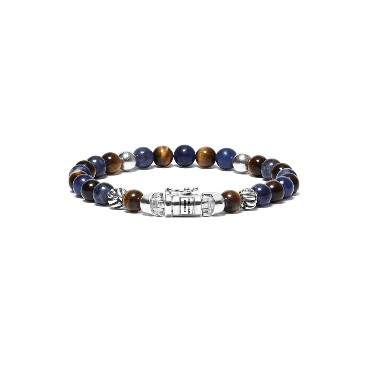 De Spirit Bead Mini Sodaliet Tijgeroog armband is gebaseerd op bidkralen en is vertaald naar een Buddha to Buddha ontwerp met zijn iconische sterling zilveren slot.