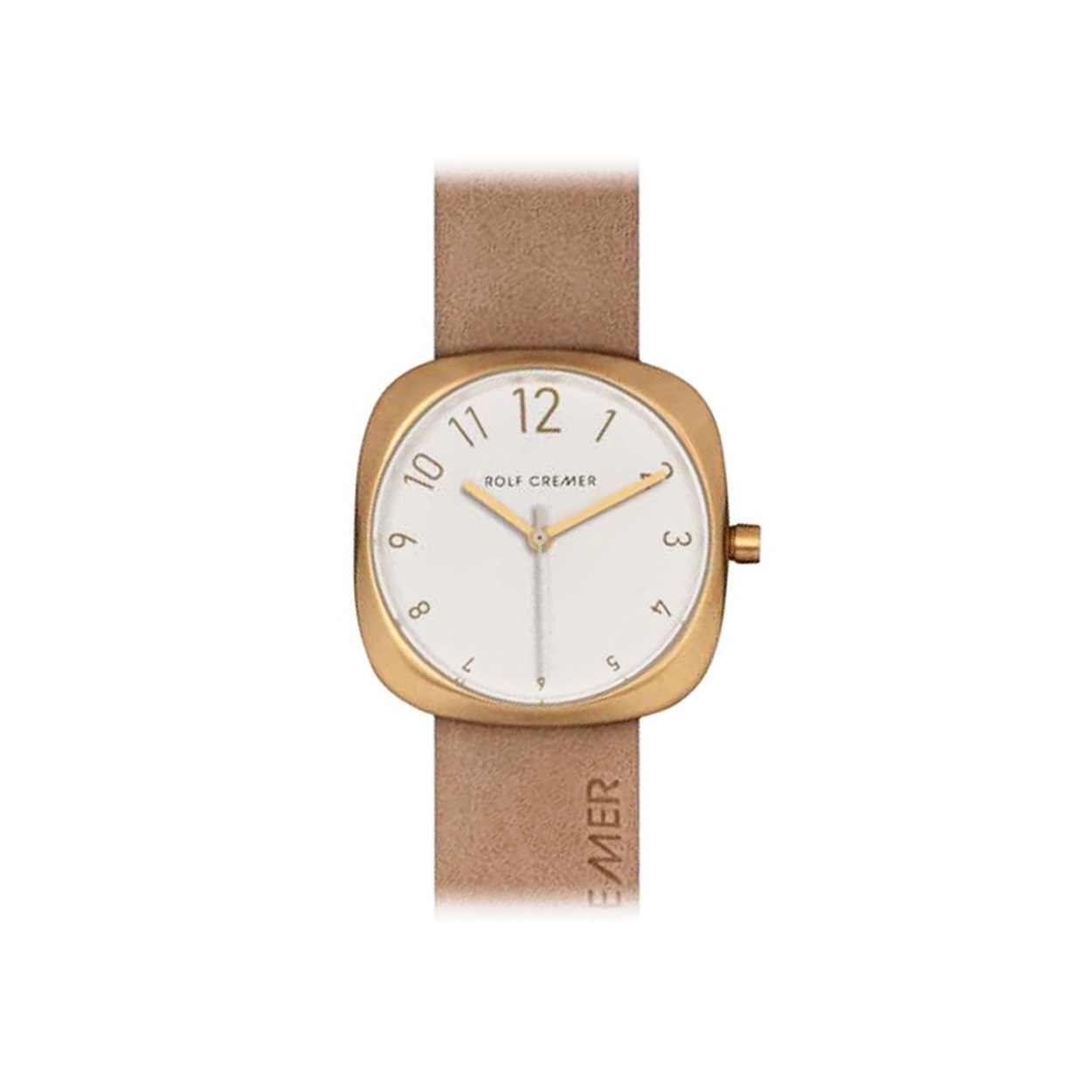 Witte wijzerplaat, goudkleurige wijzers, beige band