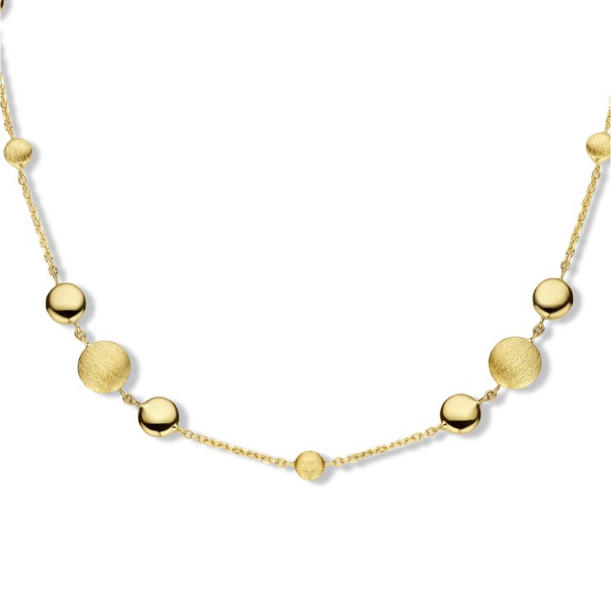 18 kt gouden collier met matte en blinkende afwerking.
Lengte: 45 cm
Bijhorende armband en oorbellen ook verkrijgbaar
De prijs kan variëren naargelang de goudprijs