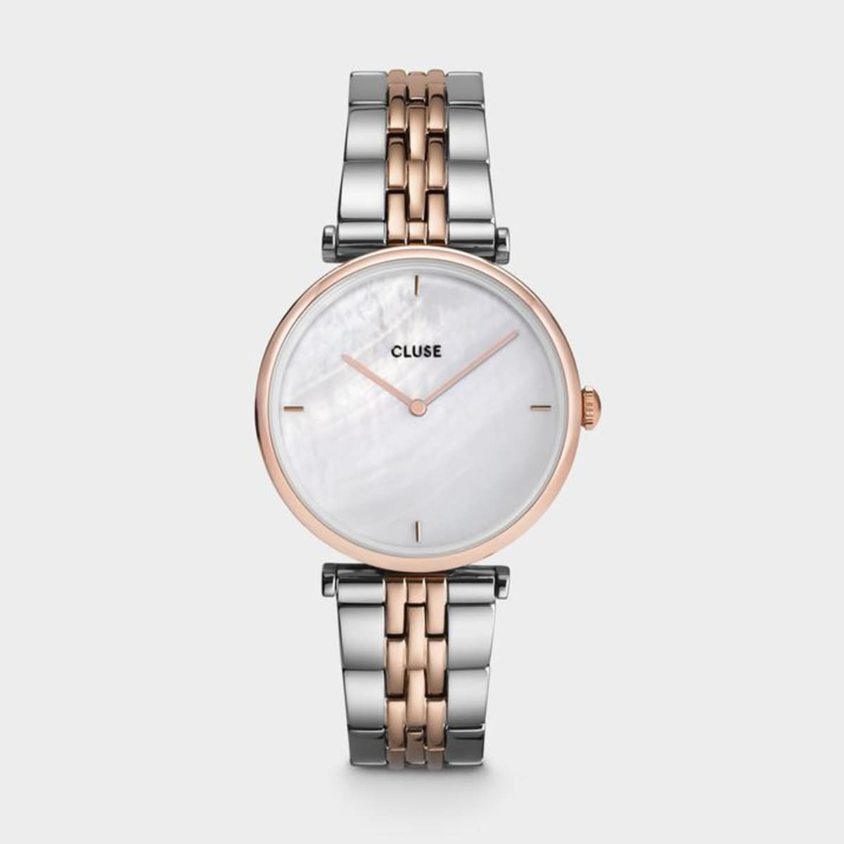 Trendy dames horloge van Cluse. Dit horloge is voorzien van een witte parelmoer wijzerplaat.