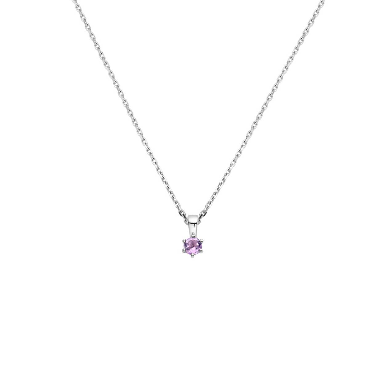 Gerhodineerd 925 zilveren collier met een geboortesteen hanger. Het collier heeft een draaglengte van 41cm en een extensie van 4cm. De schakelbreedte is 1.1mm. Uitgevoerd met een karabijn sluiting.
