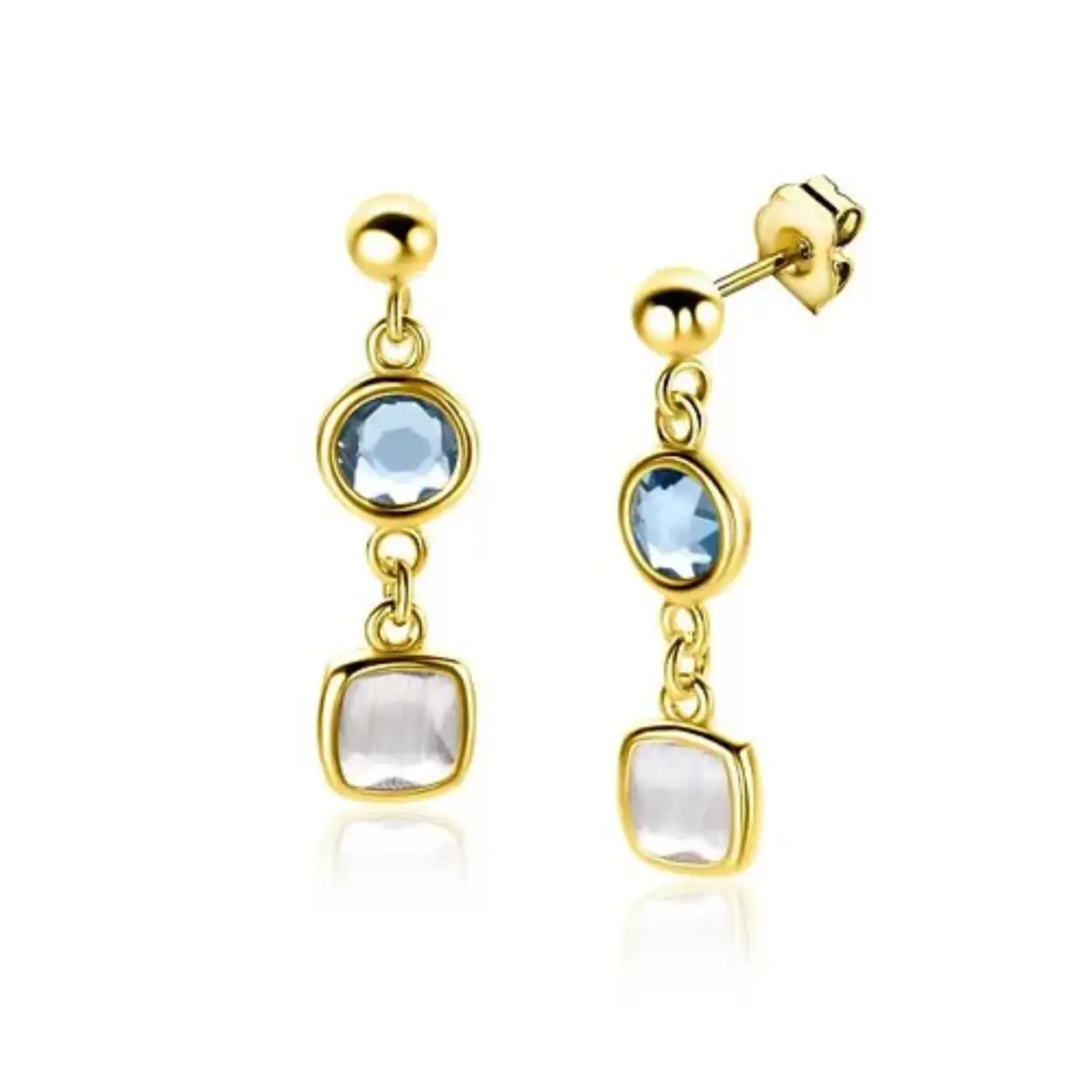 Zinzi zilveren gold plated oorstekers blauw- melkwit zirconia ZIO2526G 