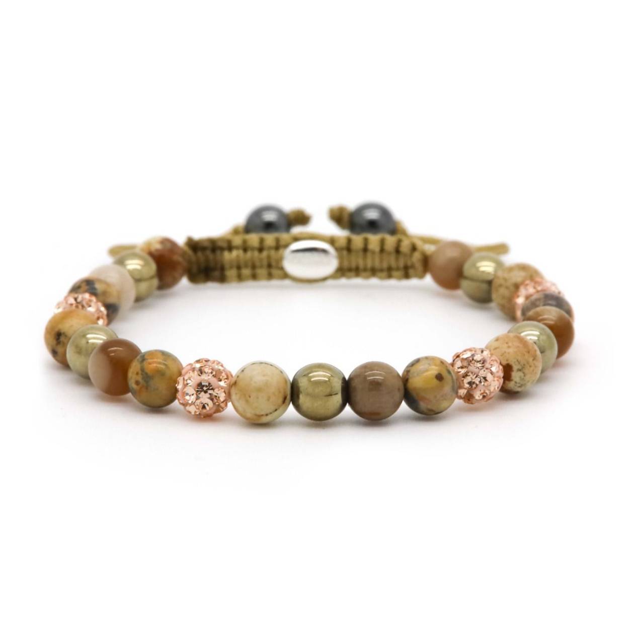 This is the Spiral Pecan XS (Rosegold crystal) bracelet. All the crystal beads and natural stone beads are 6MM. It's a perfect bracelet to mix and match with our other bracelets!
