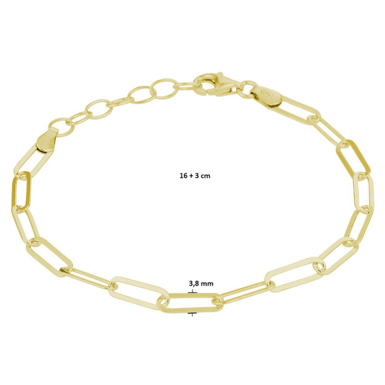 Geelgoud op 925 zilveren paperclip armband uitgevoerd met een karabijn sluiting. De armband heeft een draaglengte van 16cm en een extensie van 3cm. De schakelbreedte is 3.8mm. Geen garantie op plating.