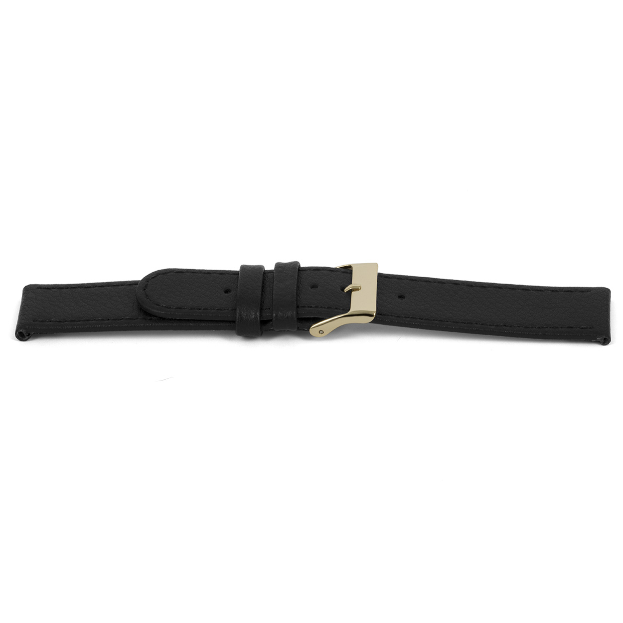 Zwart lederen horlogeband met goudkleurig edelstaal gesp.
Kleur band: Zwart
Band dikte: 2.5mm
Band lengte: 75/115mm
Band breedte: 18x18mm
Gesp: Edelstaal IPG
Bekleding binnenband: Nubuck
Gestikt: Ja, dezelfde kleur als de band. 
Pushpin: Exclusief
Hypo allergisch: Ja
EAN: 8716667161610