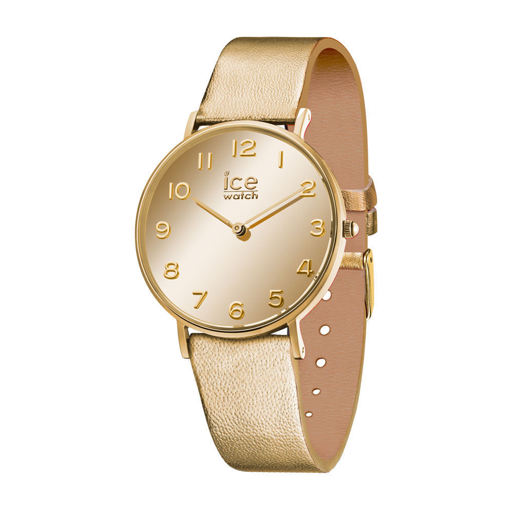 Dit horloge uit de Ice City Mirror collectie van Ice Watch heeft een goudkleurige band, kast en spiegel wijzerplaat. Met de 36mm small maat is dit horloge perfect voor de wat dunnere polsen. Dit horloge heeft mineraal glas, een ronde kastvorm en is 3ATM waterdicht.