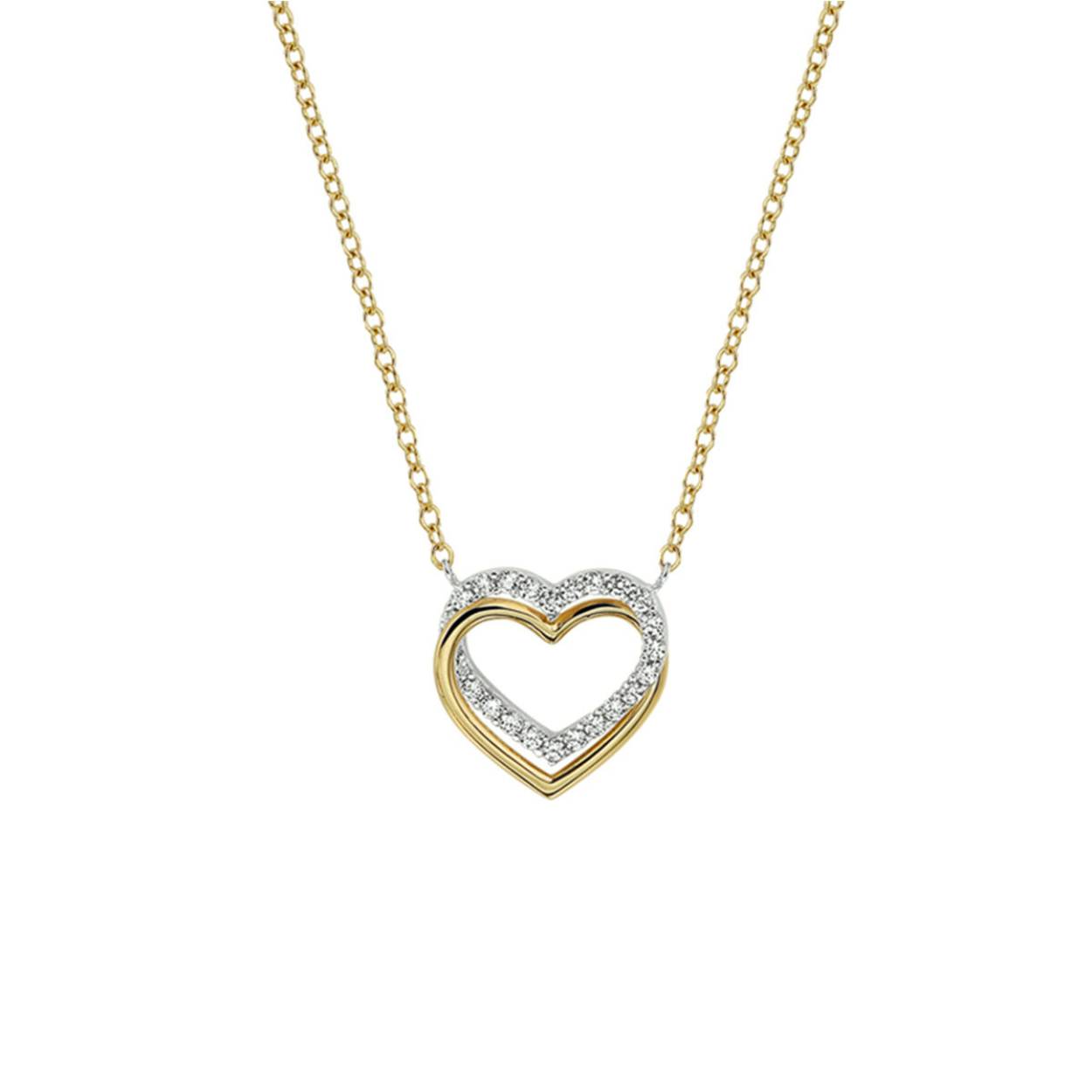 Geelgouden collier met harten en zirkonia. Het collier heeft draaglengtes van 40, 42 en 44 cm. De schakelbreedte is 1.3mm.