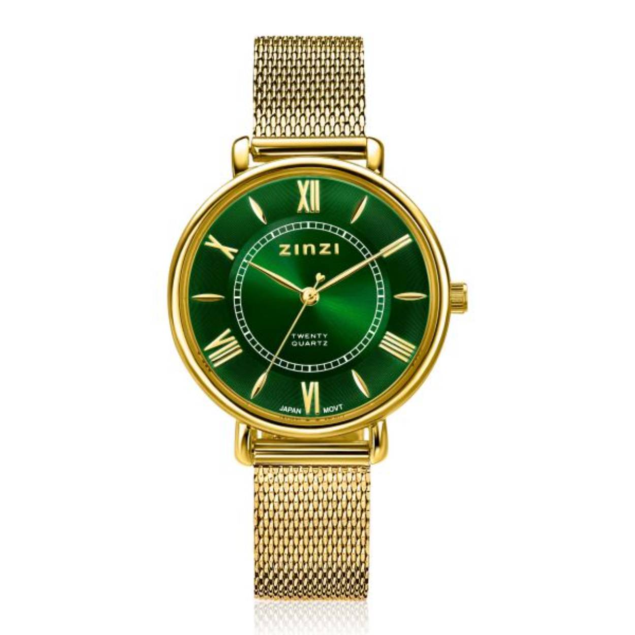 Zinzi verguld dames horloge met groene wijzerplaat en luxe mesh horlogeband 