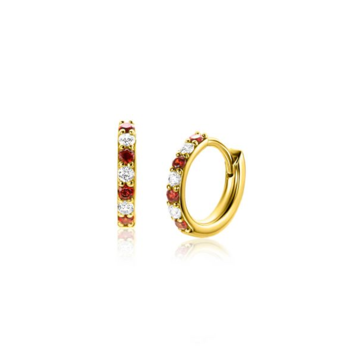 12mm ZINZI gold plated zilveren oorringen bezet met ronde witte zirconia's en rood granaat kleurstenen 2mm buisdikte met luxe klapsluiting ZIO2558
