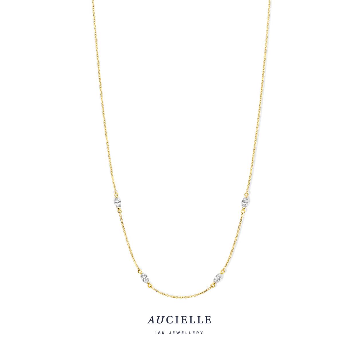 18 kt gouden collier met markies van het merk Aucielle
Lengte: 45 cm
Bijhorende armband ook verkrijgbaar