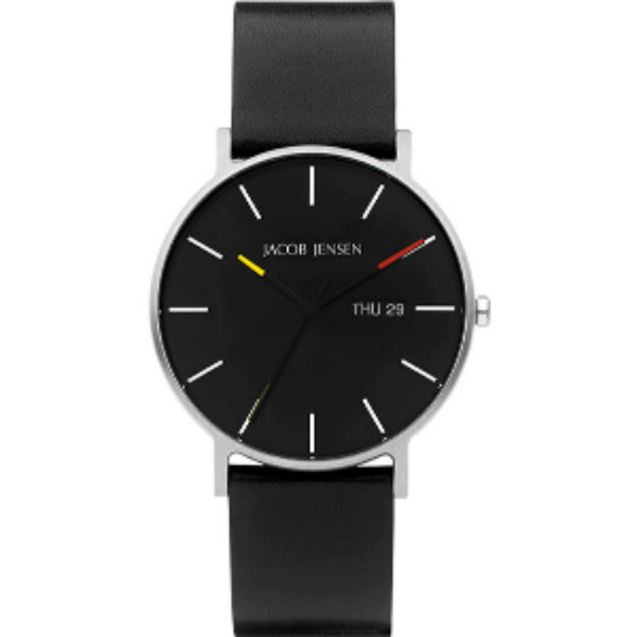 Horloge met zwart leren band en gekleurde wijzers