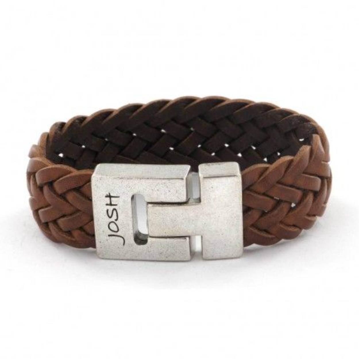 Josh armband leder verzilverd 24002-S-COGNAC/L