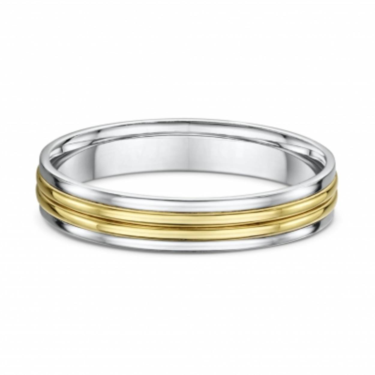 14 karaat bicolor trouwringen Wit/Geel
De damesring is 4mm zonder diamant
De herenring is 6mm