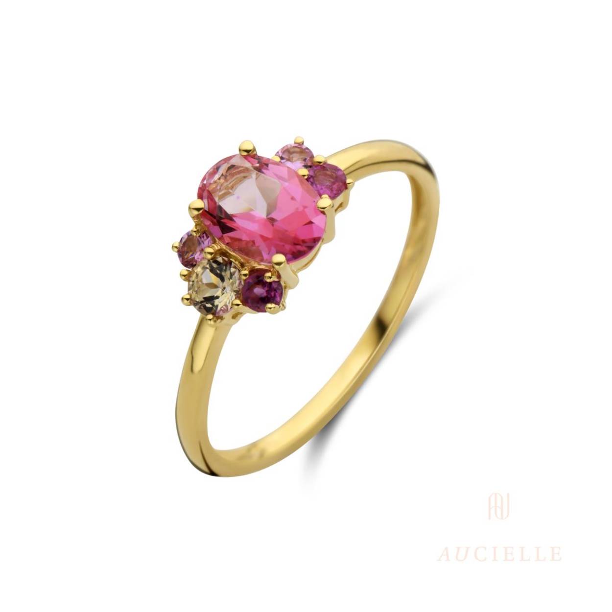 18 kt gouden ring met roze topaas van het merk Aucielle
Maat: 52 (ook verkrijgbaar in andere maten)
