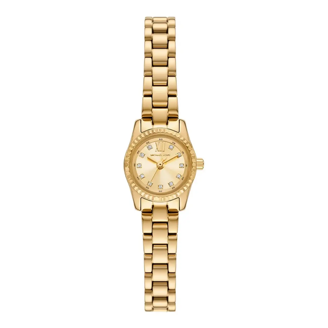 Het Michael Kors Lexington horloge van 19mm heeft een goudkleurige sunray-wijzerplaat, een uurwerk met drie wijzers en een goudkleurige roestvrijstalen armband.