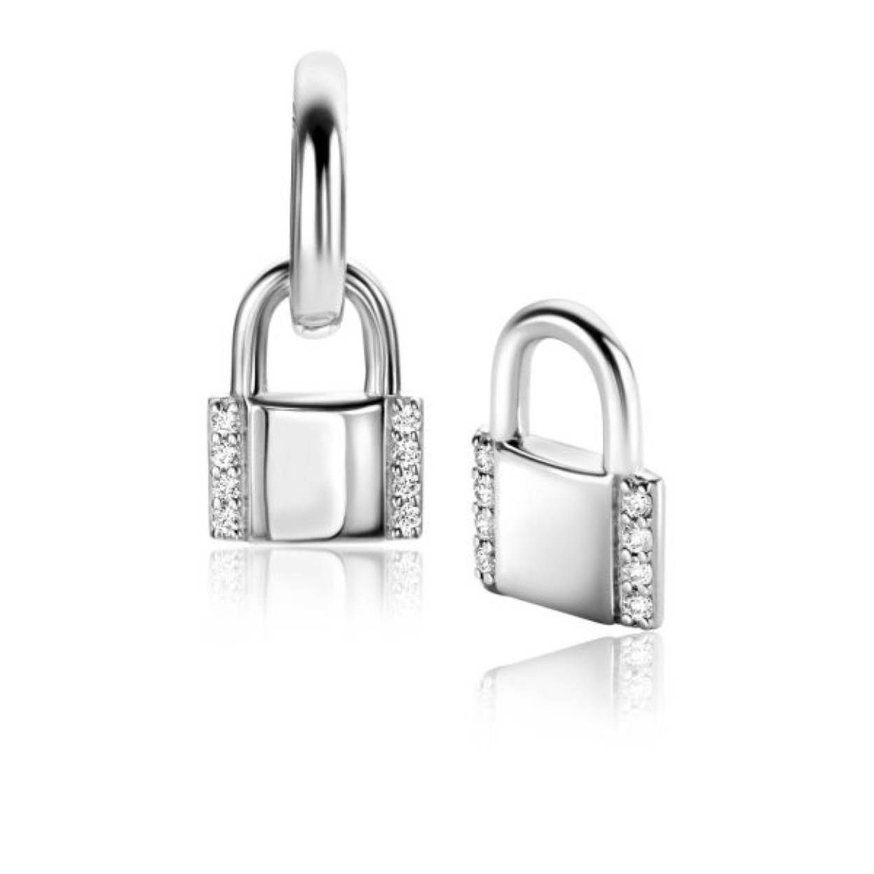 ZINZI zilveren oorbedels in de vorm van een slotje, bezet met witte zirconia's. Deze trendy oorbedels zijn 10mm groot. 
De oorringen zijn niet bij de prijs inbegrepen. Vervaardigd van eerste gehalte zilver (925) en met extra rodiumlaag.