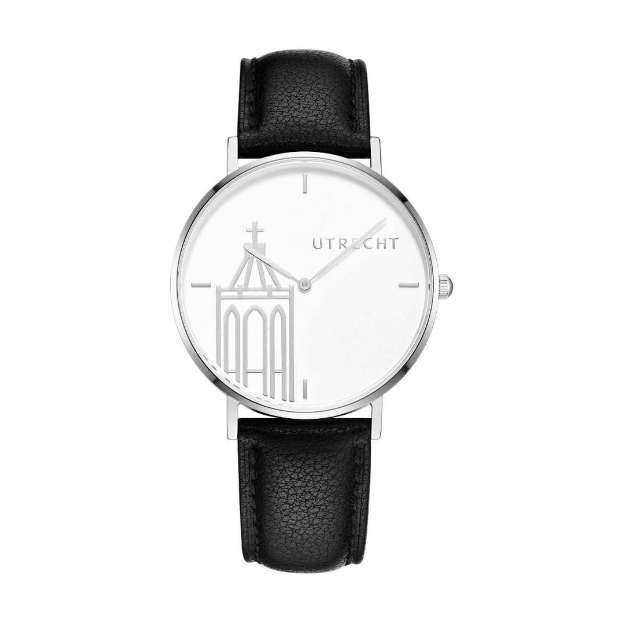 Elegant polshorloge voor dames en heren met een metalen kast en mineraal glas . Abstracte afbeelding van de Utrechtse Domtoren op wijzerblad.