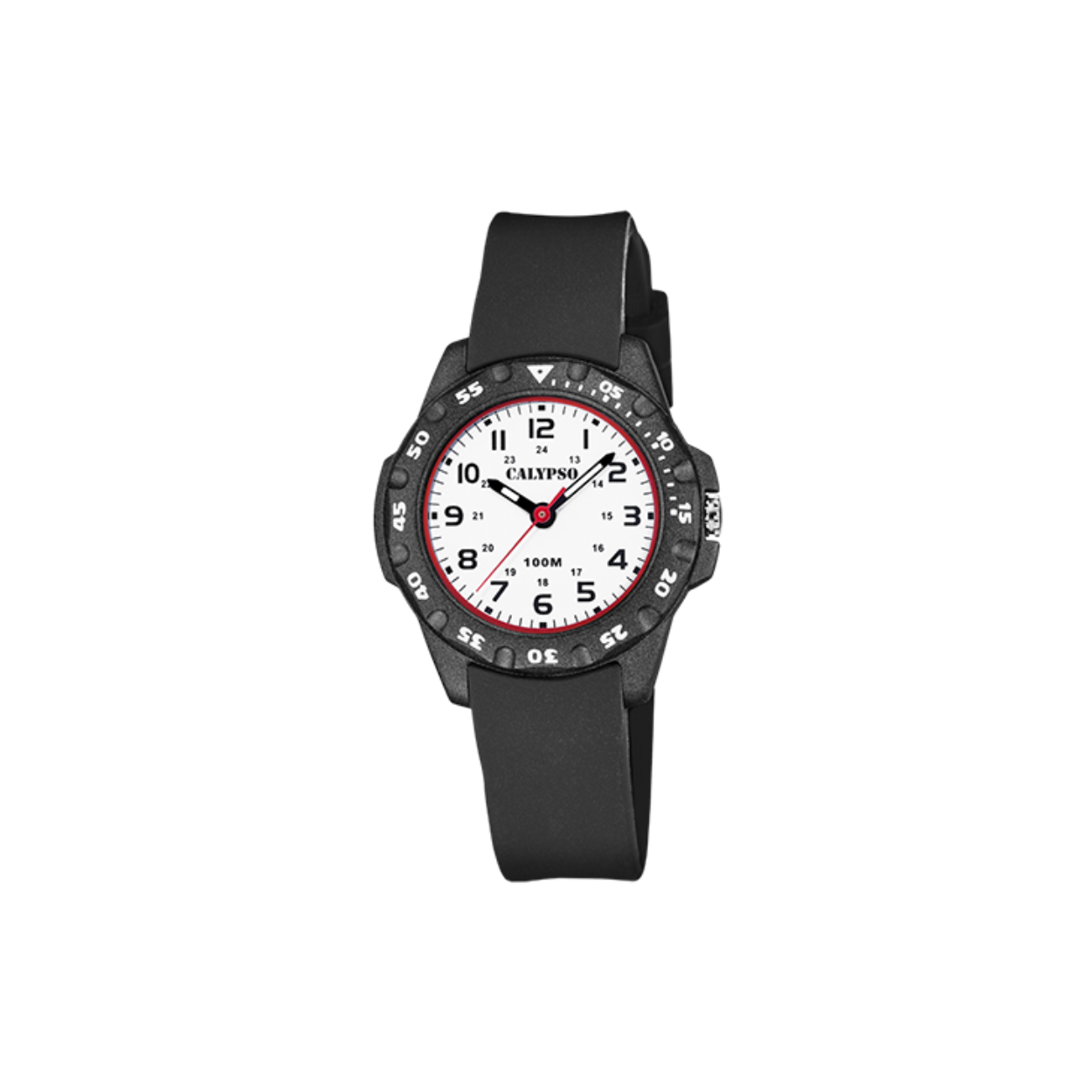 Een stoer kinderhorloge waarmee ze nooit meer te laat komen! Kunststof kast met een rubber band en aangeduid met arabische cijfers. Tot wel 10 ATM waterdicht.