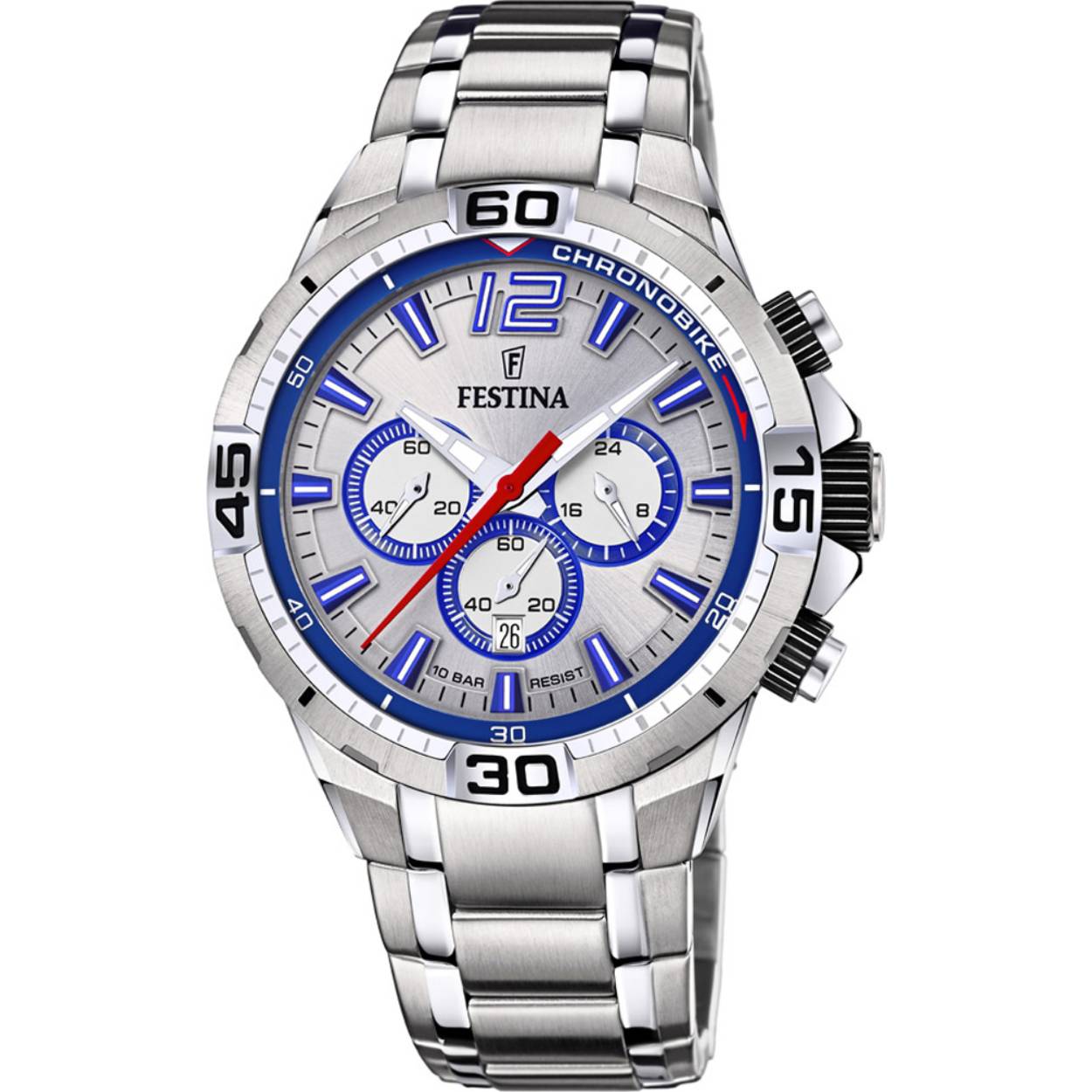 Festina heren Bikehorloge F20522/1 
Stalen kast met zilverkleurige wijzerplaat
Schakelband
10 ATM waterdicht
