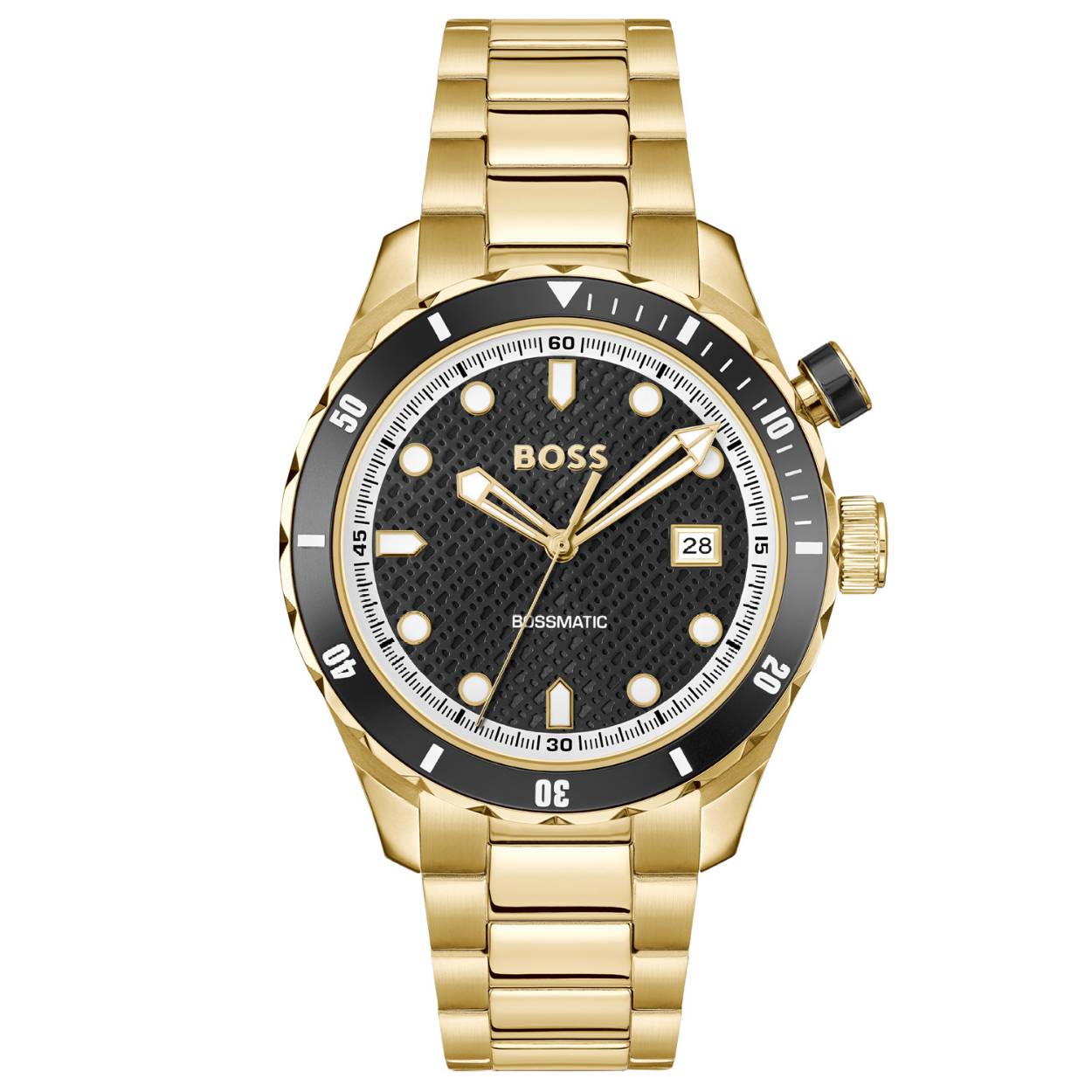 BOSS HB1514180 BOSSMATIC Herenhorloge Automaat 42mm 
Dit BOSS horloge uit de BOSSMATIC serie met artikelnr: HB1514180 heeft een stoere sportieve uitstraling. Zeer geschikt voor de moderne stijlvolle man van nu. Het herenhorloge valt op door zijn goudkleurige stalen horlogekast met een zwarte aluminium inleg, een bedrukte zwarte bezel en een zwarte sunray wijzerplaat met BOSS monogram en een datum. Opvallend zijn de speelse wijzers en uurstrepen die met lumibrite zijn ingelegd. Het horloge heeft een automatisch uurwerk en loopt op de beweging van de pols. Door een glas in de achterdeksel is het uurwerk zichtbaar. Aan de kast zit een goudkleurige stalen mat glanzende schakelband met een vouwsluiting. Het horloge heeft een doorsnee van 42mm met een mineraalglas en is 10ATM. 

HET MERK:
HUGO BOSS is afgestemd op levensstijlen waar het gaat om kwaliteit en precisie. Het wereldwijde fashionlabel is verdeeld in twee merken: BOSS en HUGO. Het merk BOSS biedt geavanceerde, moderne horloges gericht op kwaliteit en design om een onberispelijke look te creëren – of het nu zakelijk, casual of sportief is. De horloge collectie van BOSS is perfect afgestemd op levensstijlen waar het gaat om kwaliteit en precisie. BOSS is op maat gemaakt in een onberispelijke stijl.

Blijf stijlvol bij de tijd. Voor de BOSS-vrouw is stijl het handelsmerk en draait alles om
details. Breng uw look naar een hoger niveau met onze nieuwe en kenmerkende horlogecollectie.

SPECIFICATIES:
- Mineraalglas
- Ronde kastvorm, Ø 42mm
- Stalen horlogekast
- Zwarte wijzerplaat
- Stalen schakelband
- 10ATM