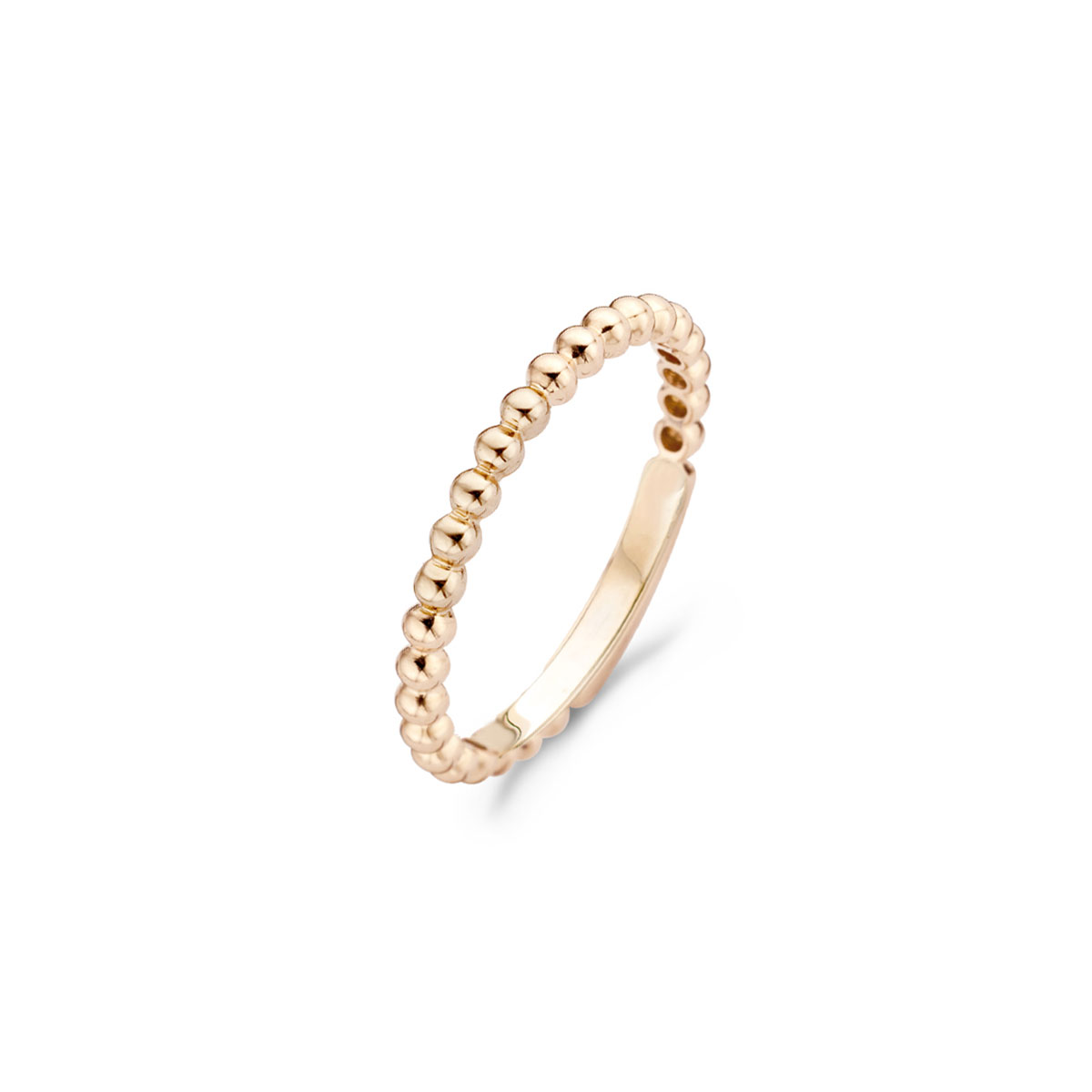 Een deel van de band van deze 14k roségouden ring heeft een speels bolletjesmotief. De band is 2 mm breed. Mooi te mixen en matchen met andere ringen uit onze collectie. 