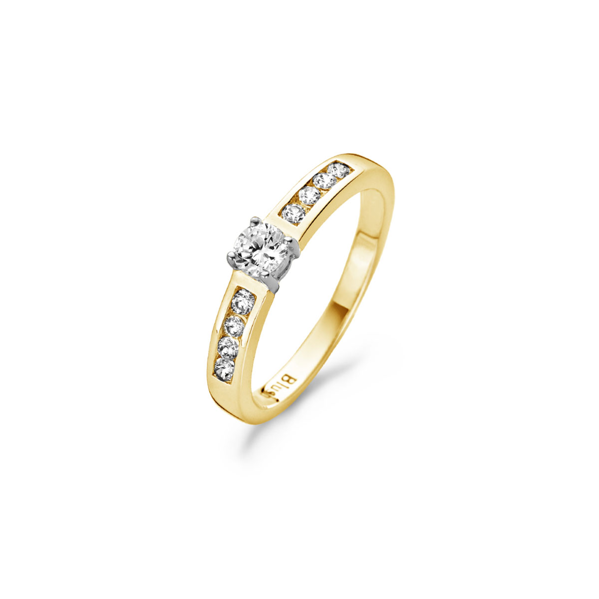 Deze moderne 14k witgouden ring heeft een grote zirkonia van 4 mm doorsnede in een geelgouden chatonzetting in het midden en kleine zirkonia’s in pavézetting in de band. De band is 3,2 mm breed. Mooi op zichzelf of in combinatie met andere sieraden met zirkonia uit onze collectie.