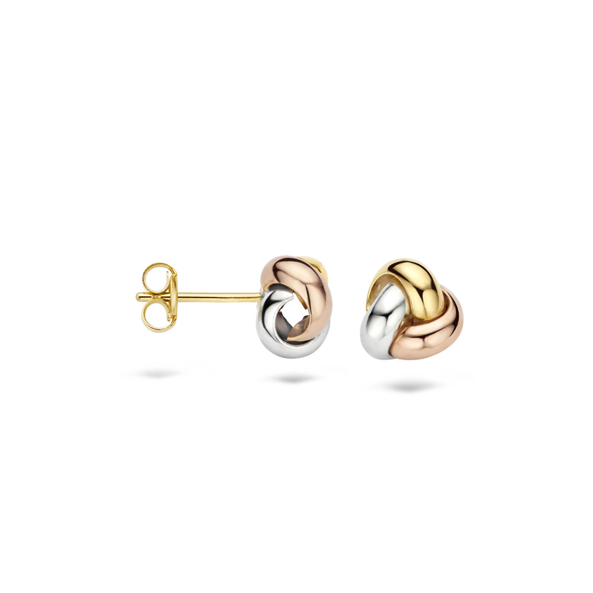 Deze prachtige blush gouden oorsterkers zijn voorzien van een tricolor knoop design, waardoor ze een unieke en stijlvolle toevoeging zijn aan elke outfit. De oorbel is gemaakt van hoogwaardig materiaal en heeft een glanzende afwerking die een vleugje luxe toevoegt aan uw look. Draag deze oorsterkers met trots en straal zelfvertrouwen uit!
