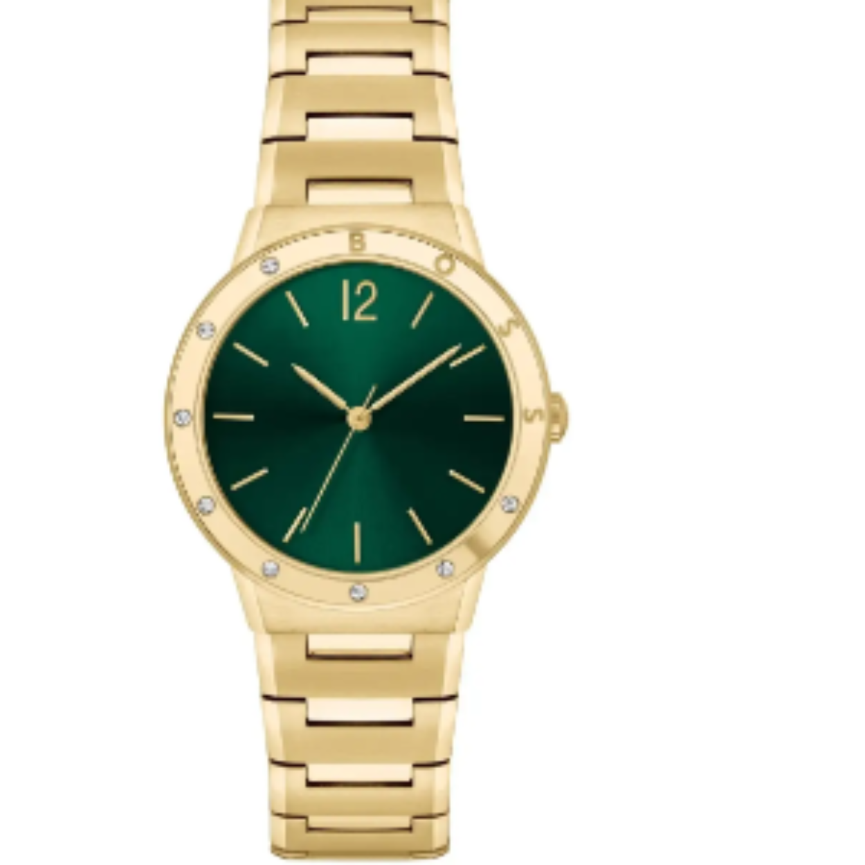 Dit Boss by Hugo Boss horloge, uit de Breath collectie, heeft een vergulde stalen band en kast. De wijzerplaat is sunray groen met goudkleurige indexen en wijzers.