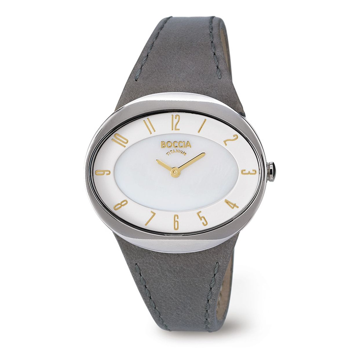 Boccia Damenuhr mit Perlmutt-Zifferblatt in ovalem Geh&auml;use aus antiallergischem Rein-Titan. Die goldplattierten Zeiger und Indizes sorgen f&uuml;r beste Ablesbarkeit. Das hautfreundliche Echtlederarmband ist mit auff&auml;lligen Ziern&auml;hten versehen und besitzt eine Rein-Titan-Dornschlie&szlig;e. 
