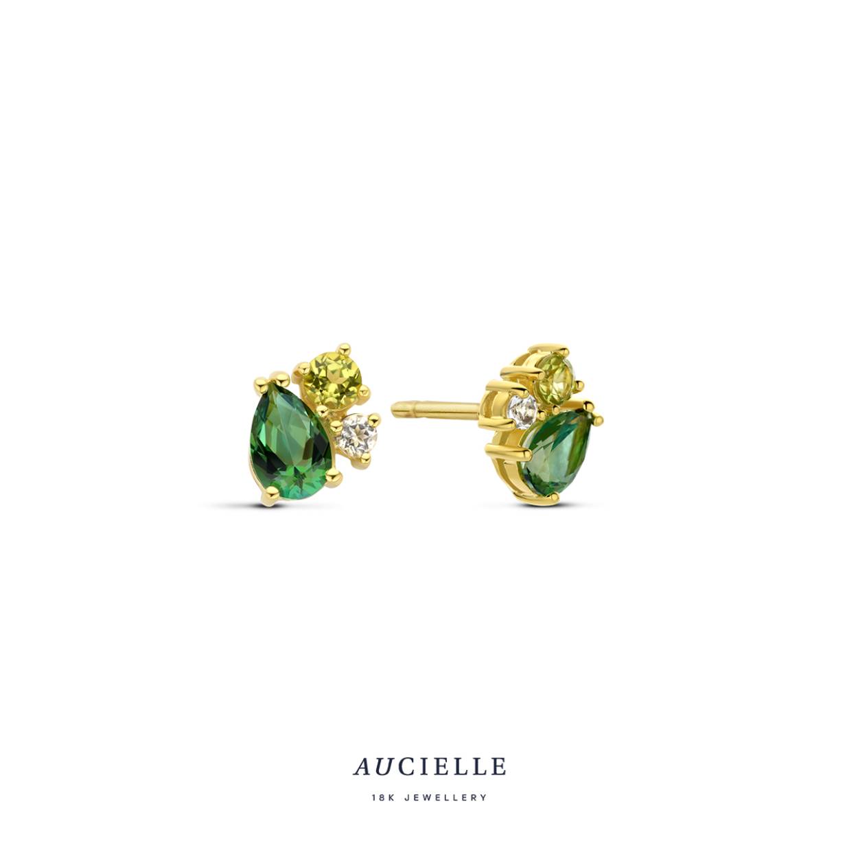 Aucielle oorstekers goud 18k, groene topaas, peridot, amethist