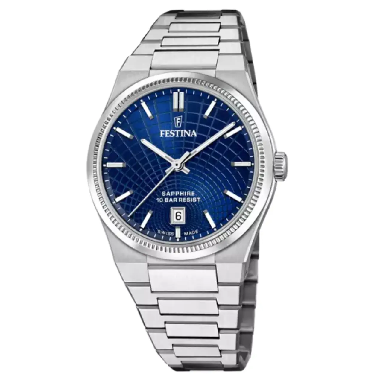 Ontdek de uitmuntendheid en precisie in elk detail met het Festina Rivé Swiss Made horloge. Dit onderscheidende model belichaamt de essentie van de Zwitserse horlogetraditie door zijn hoogprecisiebewegingen. Uitgerust met automatische kalibers die in Zwitserland zijn ontworpen en vervaardigd, garandeert dit horloge niet alleen efficiëntie en betrouwbaarheid, maar ook een ongeëvenaarde exclusiviteit.

Het saffierglas, bekend om zijn uitzonderlijke hardheid, zorgt ervoor dat het horloge zijn ongerepte uiterlijk door de tijd heen behoudt, terwijl de antireflectiebehandeling de zichtbaarheid onder alle lichtomstandigheden verbetert, wat een ongeëvenaarde helderheid belooft.

De kast, vervaardigd uit chirurgisch staal, is ontworpen om de eisen van het dagelijks leven te weerstaan zonder concessies te doen aan stijl of comfort. Dit stuk is niet alleen elegant maar ook comfortabel, perfect voor degenen die op zoek zijn naar een horloge dat duurzaamheid en verfijnd ontwerp combineert.

De Festina Rivé is een bevoorrechte keuze voor de horlogeliefhebber die technische en esthetische perfectie in gelijke mate waardeert.
