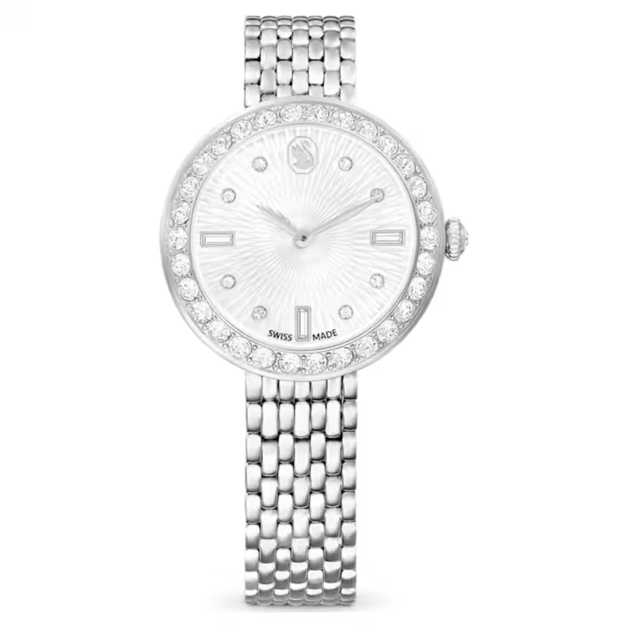 Dit Certa-horloge is creatief ontworpen om elke outfit een bijzonder accent te geven. De ronde kast van 30 mm van edelstaal is voorzien van een lunette die is bezet met een pavé van 30 kristallen. Onder het mineraalglas zit een betoverende guilloché wijzerplaat met het Swarovski-zwaanlogo ter hoogte van de 12 en indexmarkeringen van ronde en baguettegeslepen kristallen. In de kroon is een enkel kristal gezet. Voor een stijlvolle uitstraling aan de pols wordt het gedragen aan een edelstalen armband met zeven schakels. Dit Swiss made horloge is waterbestendig tot 50 m en ontworpen om op zeer elegante wijze te zorgen dat u elke dag op tijd bent voor uw afspraken.