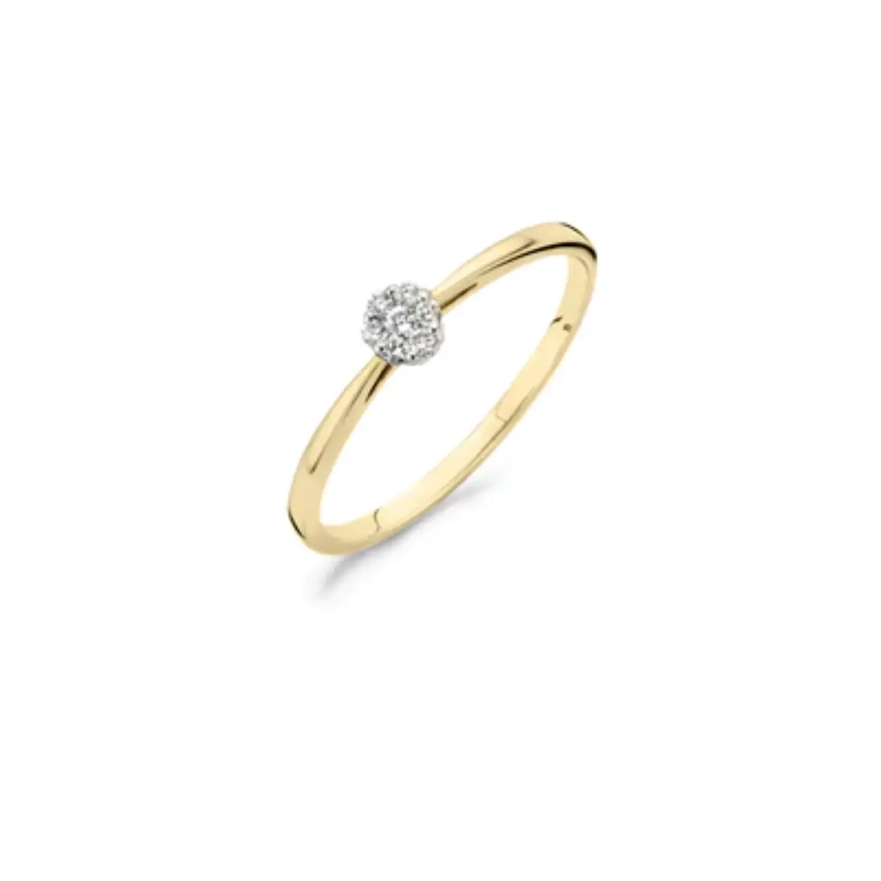 Deze elegante 14k geelgouden ring wordt gesierd door een sprankelende diamant in illusiezetting. De band heeft een doorsnee van 1,3 mm en de diamant een karaatgewicht van 0,07. Prachtig te combineren met andere (diamanten) aanschuifringen uit onze collectie