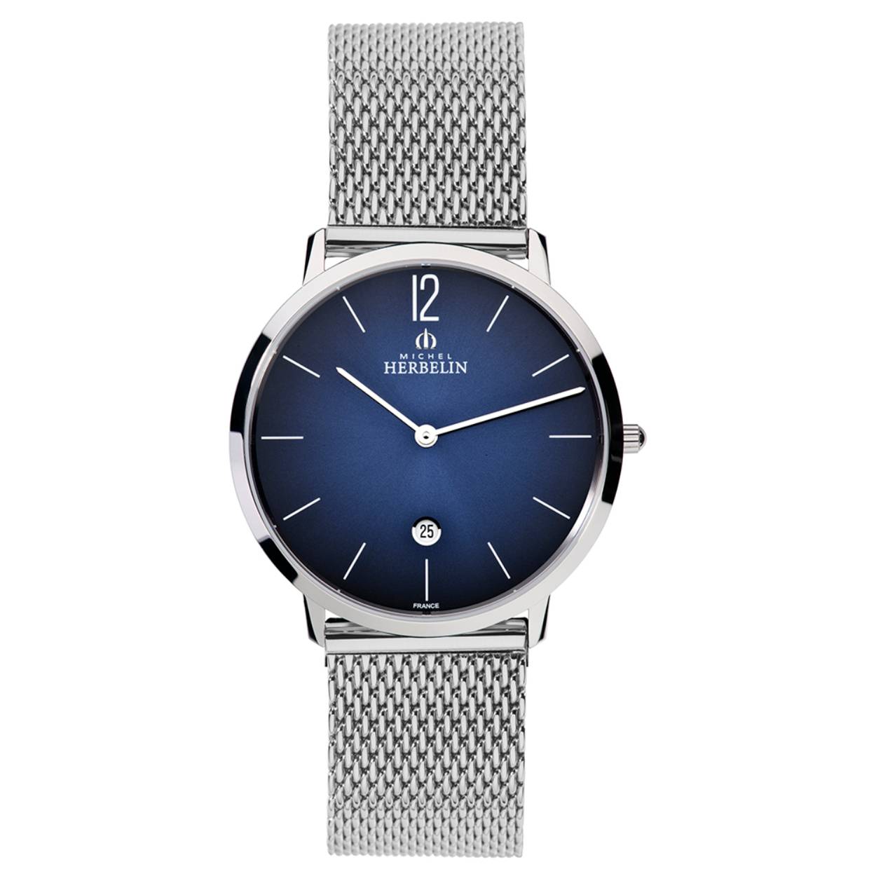 Herenuurwerk van Michel Herbelin uit de collectie 'City' 
Zilverkleurige milanese band in edelstaal 
Blauwe wijzerplaat met datumaanduiding 
Saffierglas 
Waterdichtheid: 3 ATM