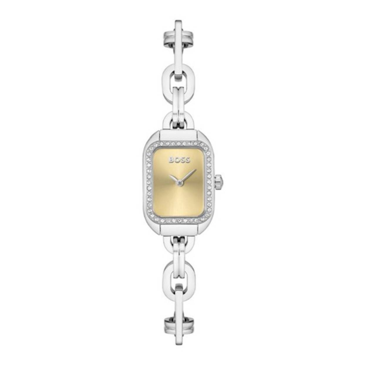 Dames Horloge met goudkleurige wijzerplaat en zilverkleurige roestvrij stalen design band.
