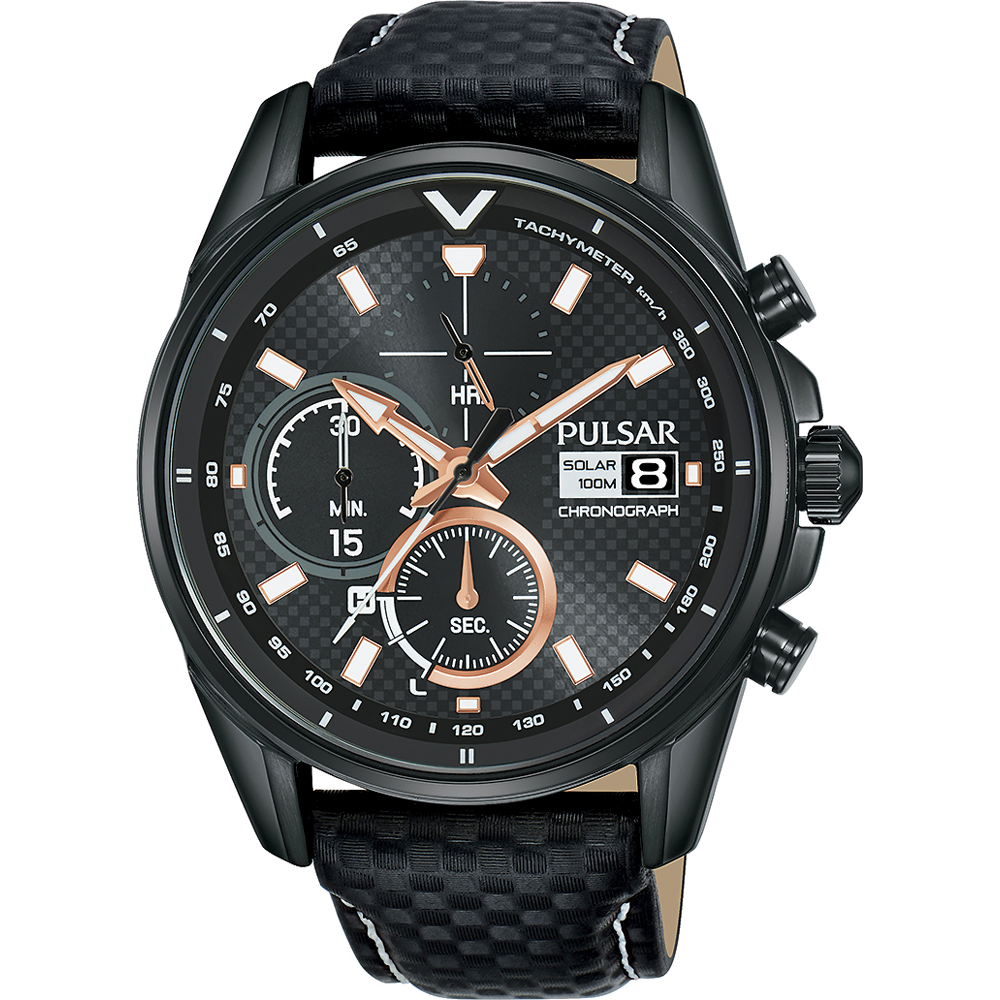 Pulsar PZ6033X1 Horloge Heren Chronograaf Solar Staal. Dit horloge is uitgevoerd met een zwarte kast en leer grijse band. De wijzerplaat is zwart en de afmeting van de kast bedraagt 43,5 mm. Het horloge is tot tot 100 meter meter waterdicht en u heeft twee jaar garantie op het uurwerk. Het horloge is uitgevoerd met hardlex mineraal glas glas.