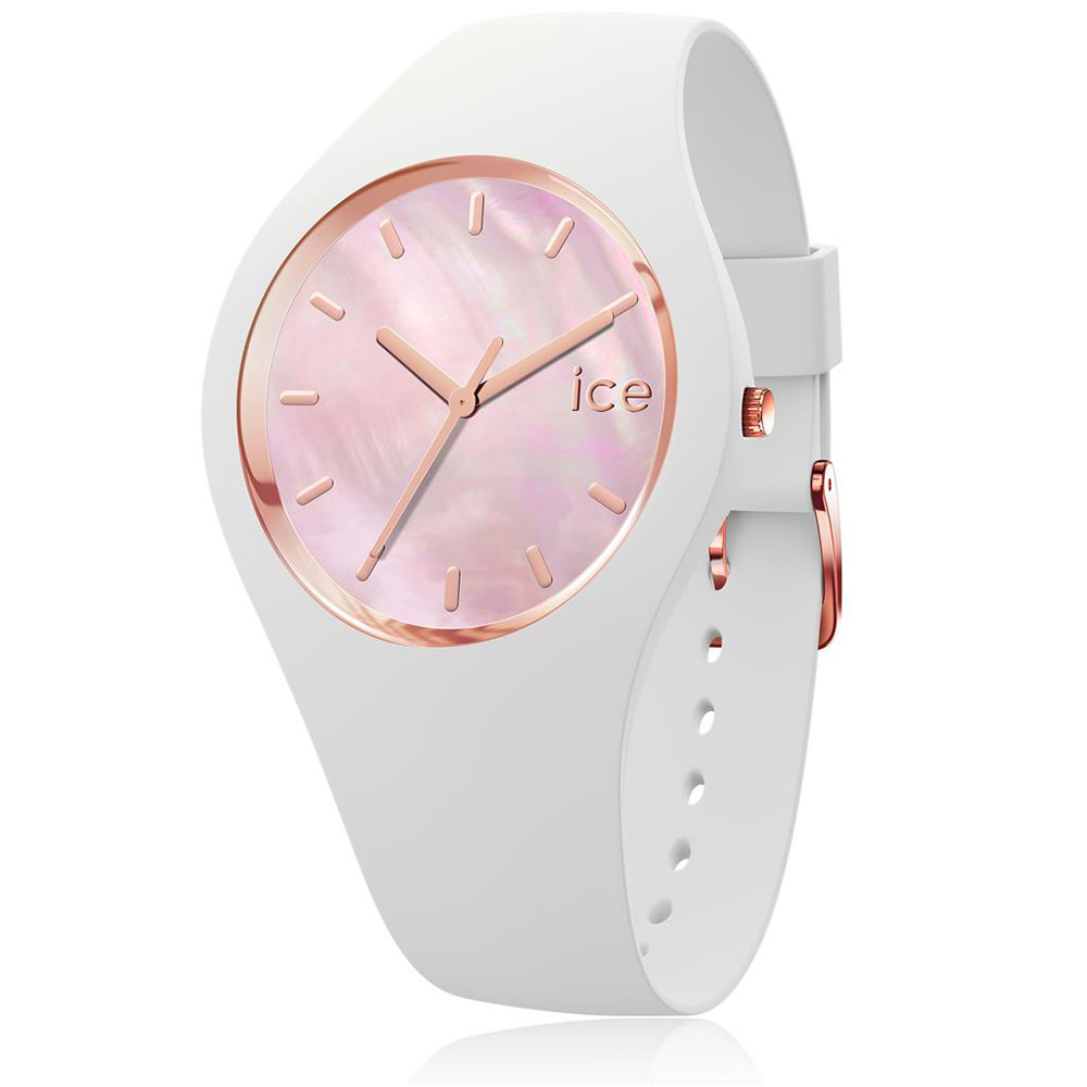 Dit zachte, dromerige horloge van wit, soepel silicone en met een wijzerplaat van roze paarlemoer past als een juweel om zelfs de allerfijnste pols. De smetteloze kleur en schitterende rozige glans geven elke outfit een chique, elegante touch. Een parel in de wereld van de polshorloges!