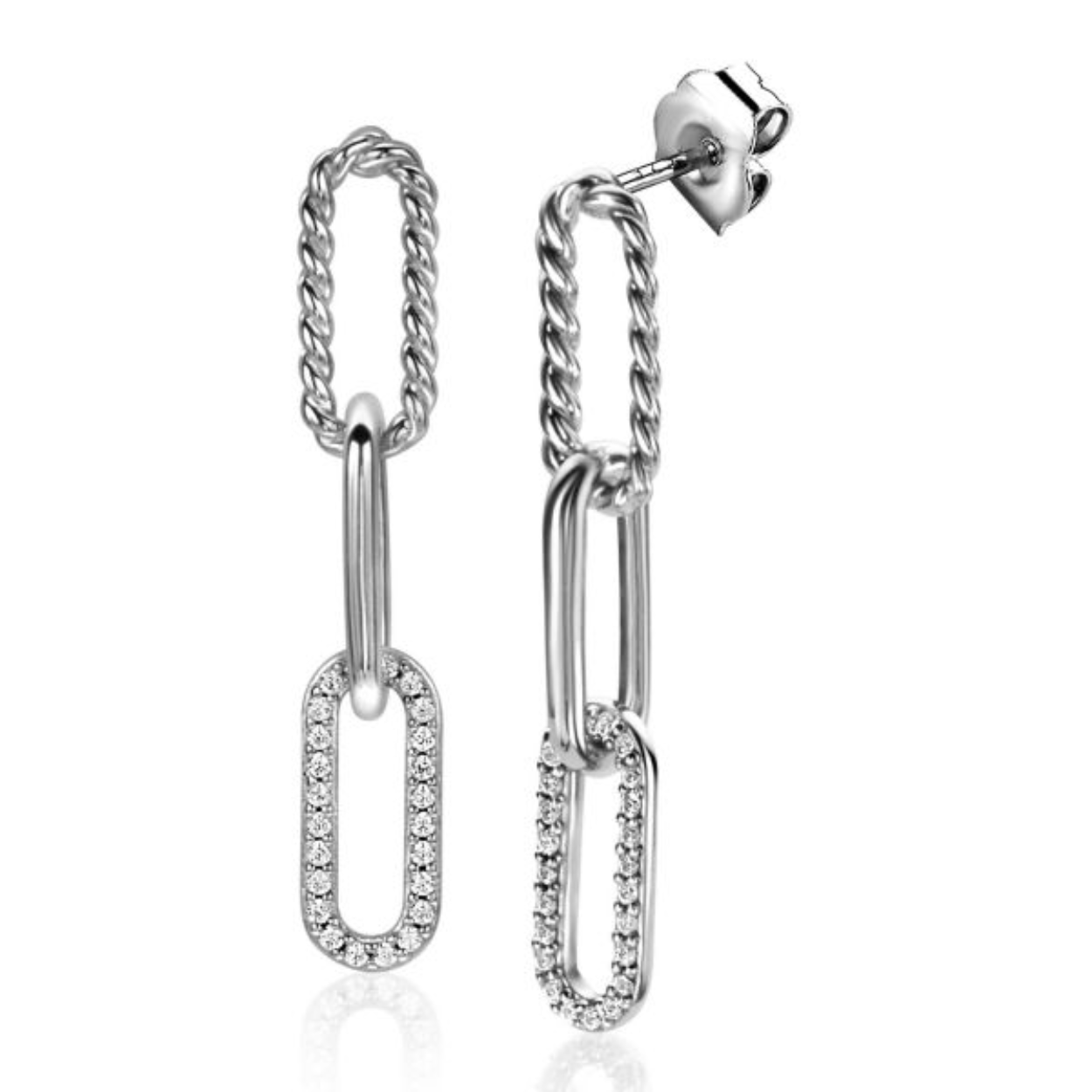 ZINZI zilveren lange oorsieraden 30mm met drie trendy paperclip-schakels: met gedraaide buis, gladde buis en bezet met witte zirconia's. Vervaardigd van eerste gehalte zilver (925) en voorzien van een extra rodiumlaag voor een langdurige glans.