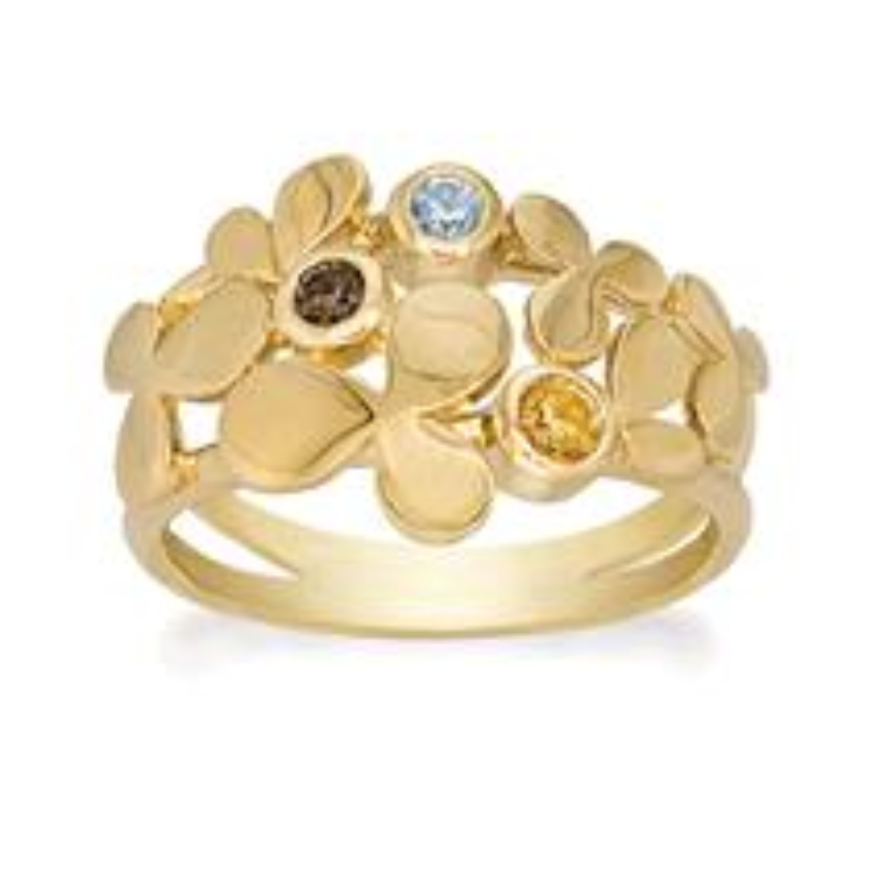 geel goud vergulde zilveren ring met bloemetjes is versierd met een 3 mm rookkwarts, een 2,5 mm blauwe topaas en een 2 mm citrien.