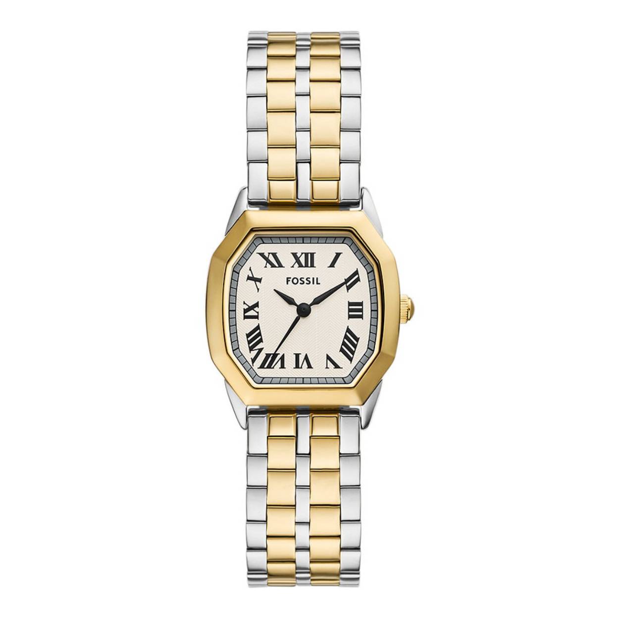 Geïnspireerd door een klassieker uit de archieven, brengt Harlow de verfijning van het verleden naar het heden. Dit gedetailleerde gepolijste, meerkleurige roestvrijstalen armbandhorloge met vijf schakels heeft een achthoekige kast, getextureerde crèmekleurige wijzerplaat en een uurwerk met drie wijzers.