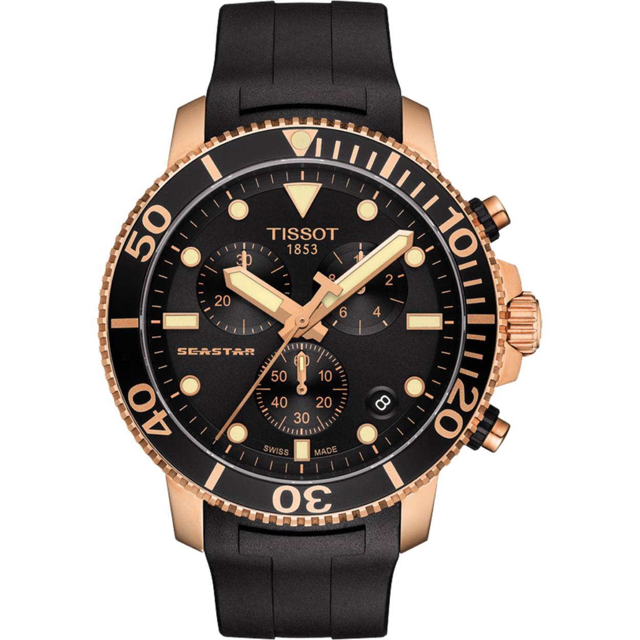 Tissot horloge seastar 100, 30atm, rosekleurig/zwart rubberen band
